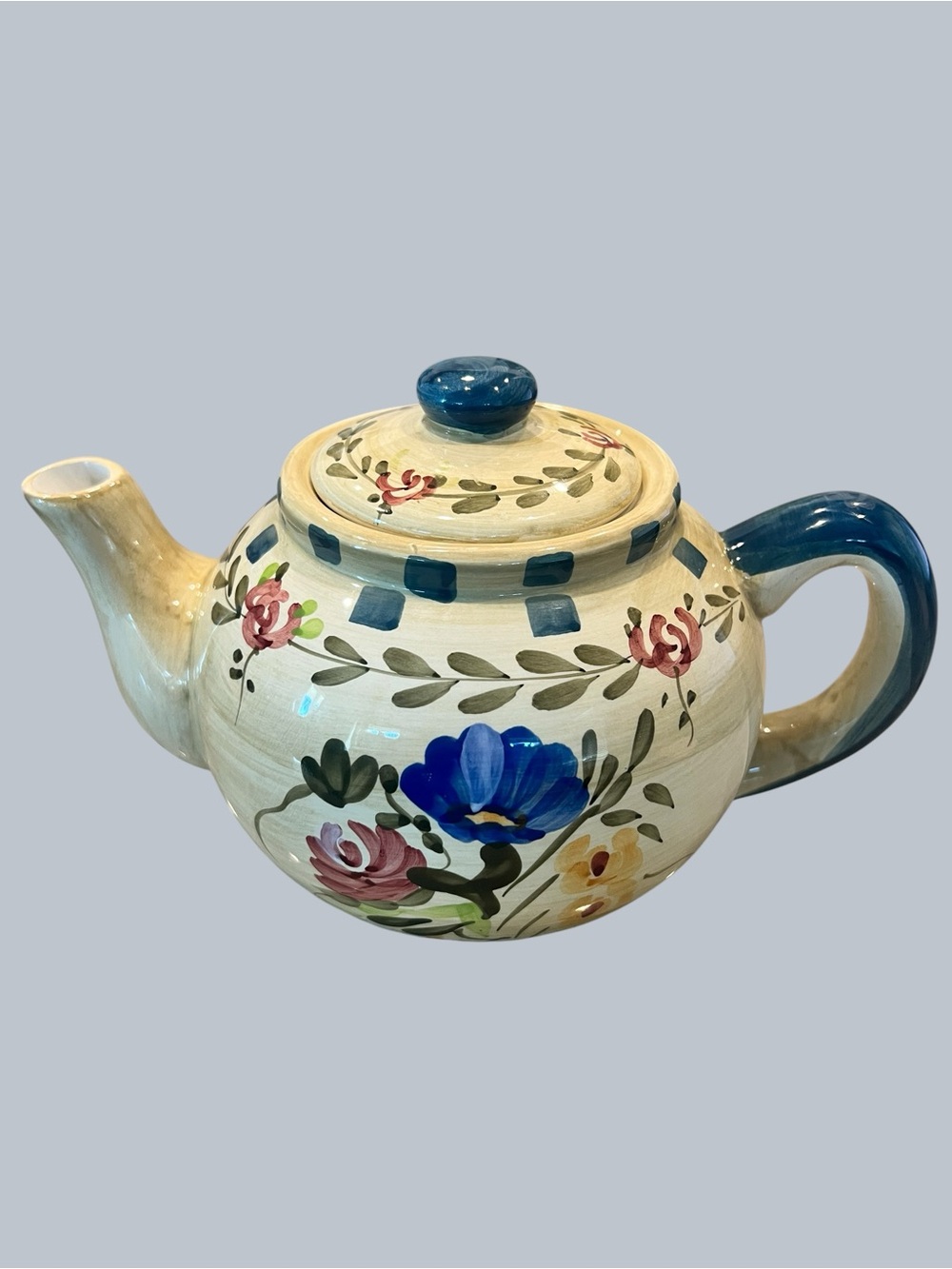 Hand-Painted Floral Ceramic Teapot in Blue and Cream
